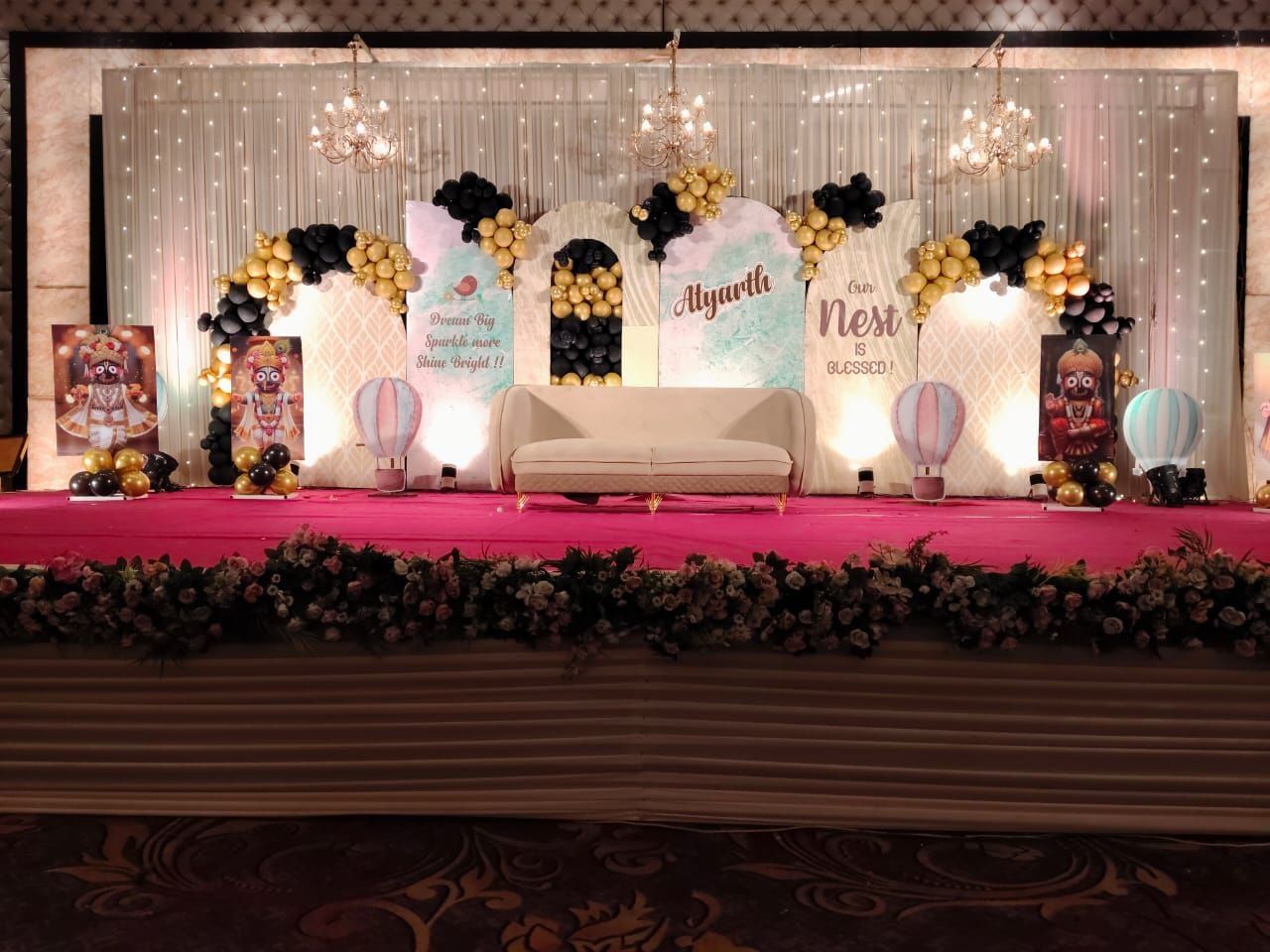 Hot air balloon theme naming ceremony stage decoration by Mayur Events Bilaspur