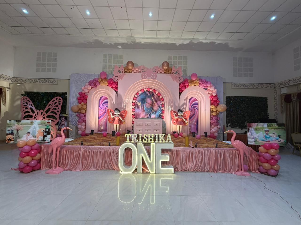 Pink butterfly theme first birthday backdrop decoration by Mayur Events Bilaspur