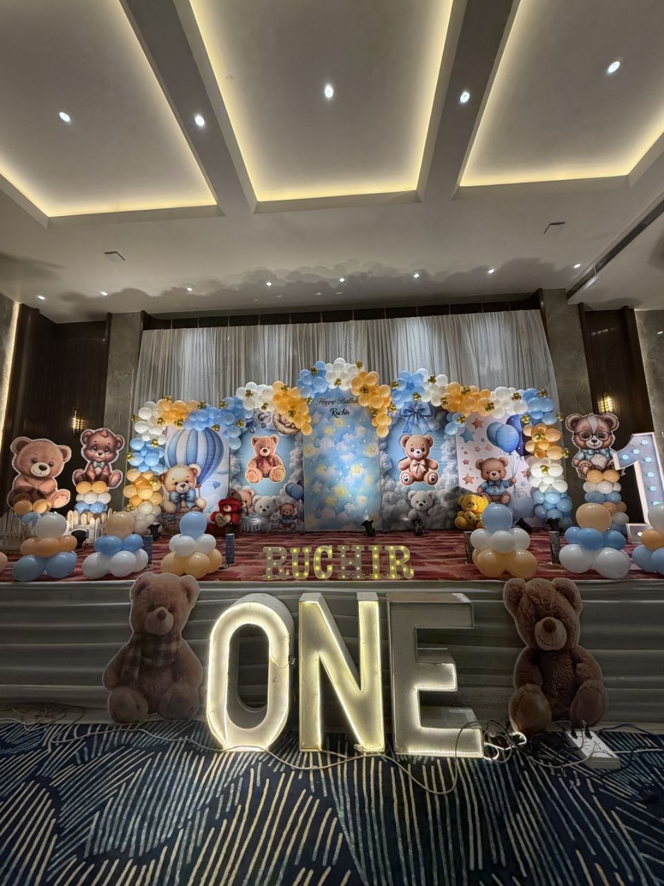 Blue and gold teddy bear theme first birthday decoration by Mayur Events Bilaspur