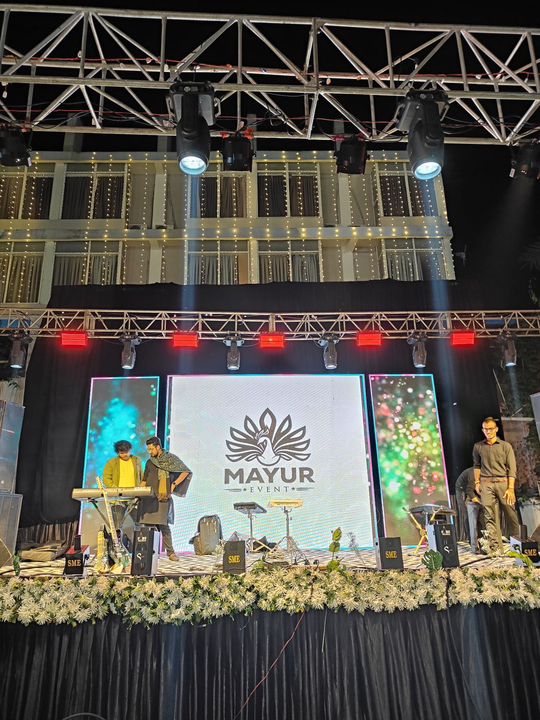 DJ and live band stage setup with LED screen by Mayur Events Bilaspur