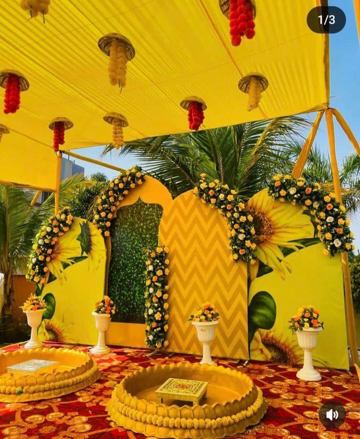 Yellow sunflower theme haldi ceremony decoration by Mayur Events Bilaspur