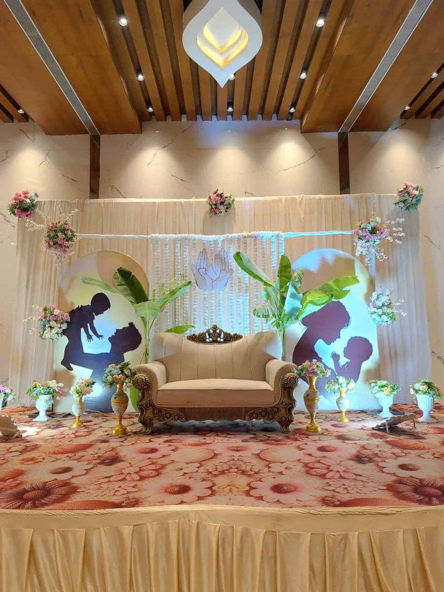 Elegant baby shower and naming ceremony stage decoration by Mayur Events Bilaspur