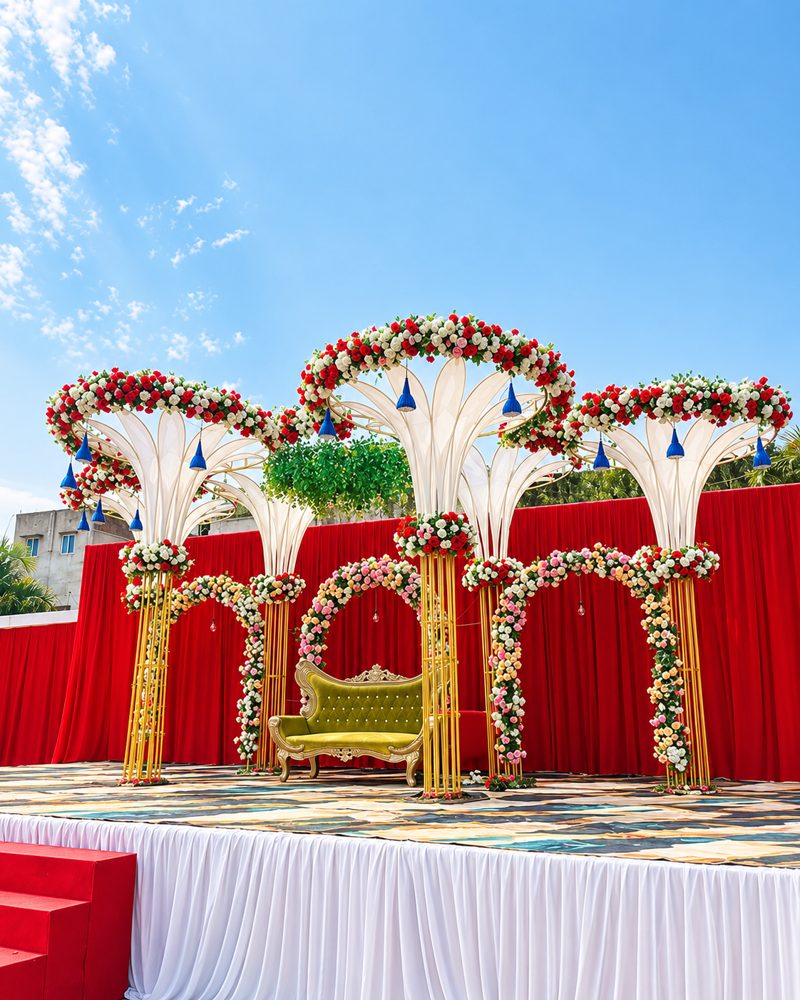 Outdoor floral arch reception stage decoration with olive gold loveseat by Mayur Events Bilaspur