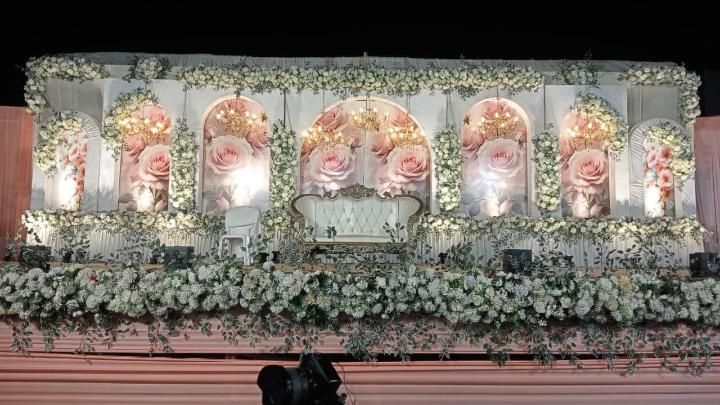 Pink rose arch reception stage decoration with floral panels by Mayur Events Bilaspur